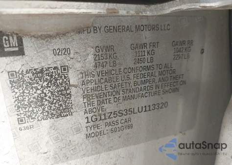 2020 Chevrolet Impala Fwd Lt z USA, uszkodzony, nr VIN 1G11Z5S35LU113320